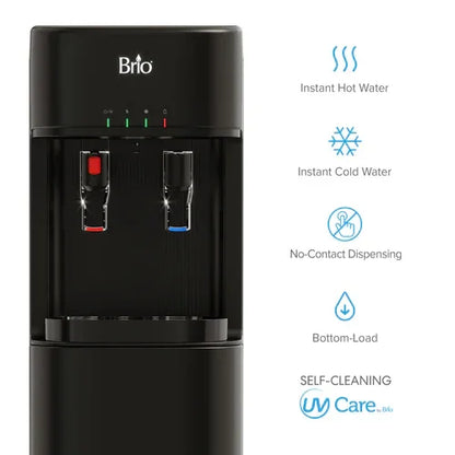 Black Brio water dispenser with instant hot & cold water, no-contact dispensing, bottom-load, UV self-cleaning